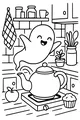 Free Ghost Coloring Page - Friendly Spirit in Cozy Kitchen (Printable PDF)