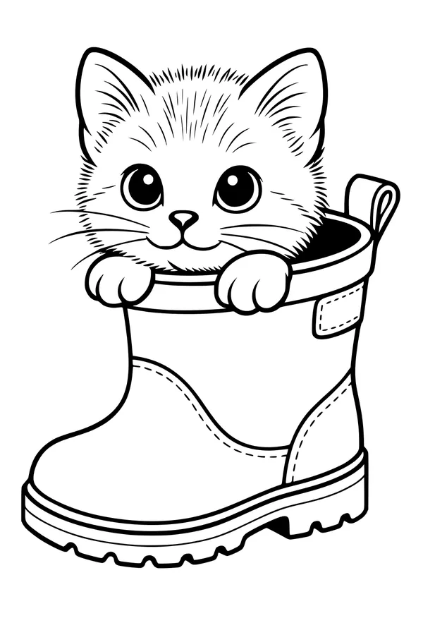 Free Kitten Coloring Page - Peekaboo in a Rain Boot (Printable PDF)