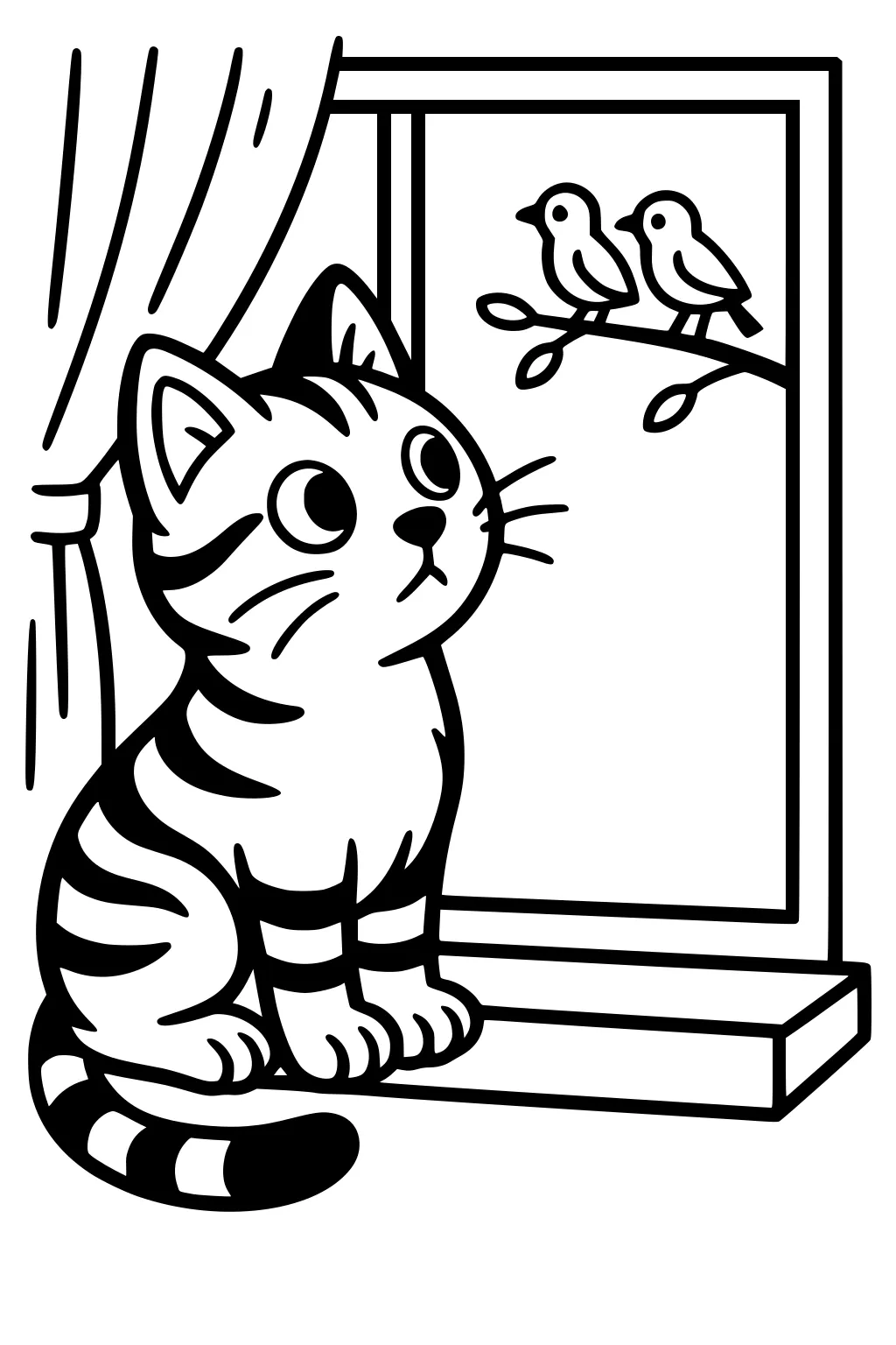 Striped cat sits on a windowsill looking out a window at two birds on a branch, curtain to the left.