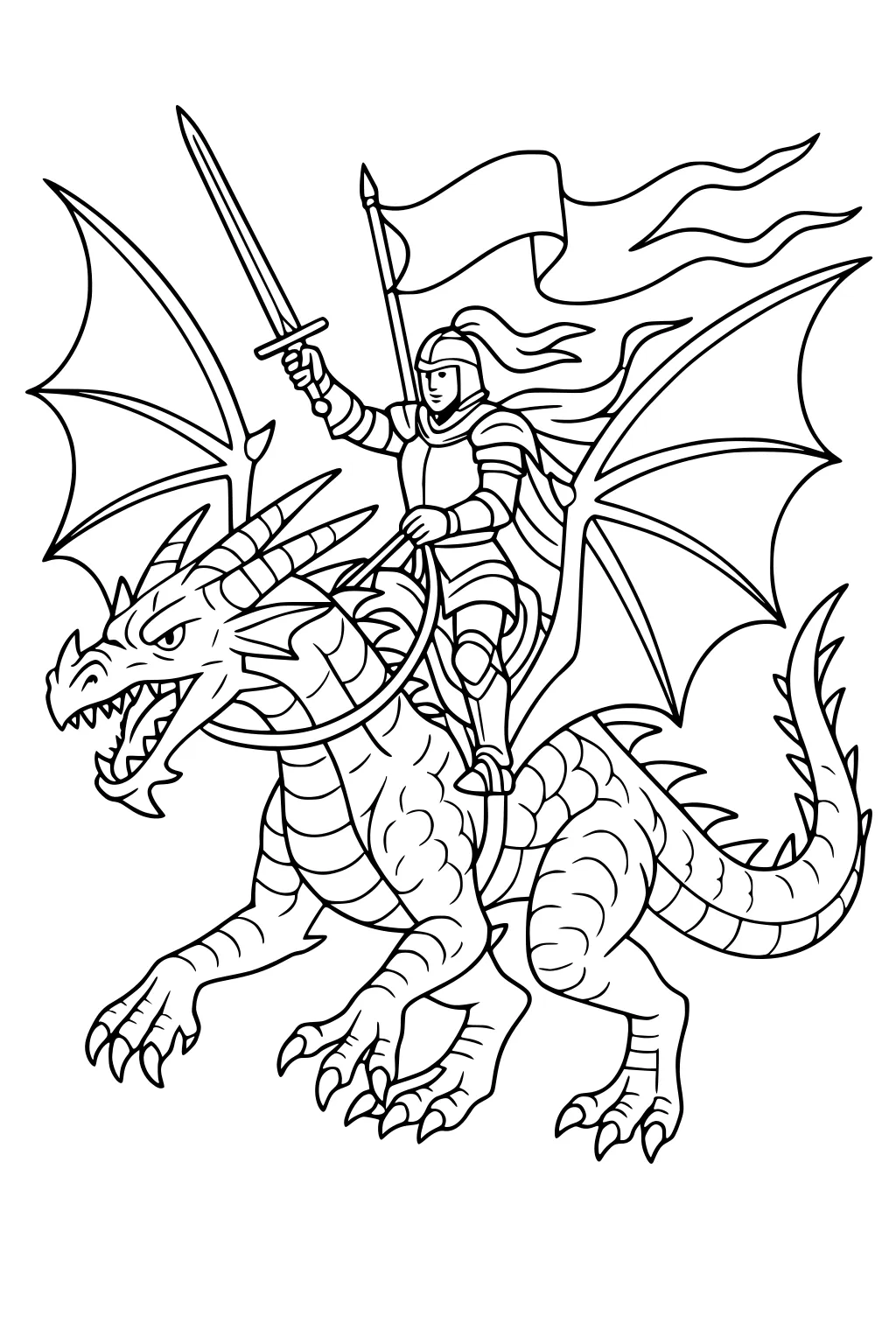 Boy knight on a winged dragon with raised sword and flowing flag, big horns, open mouth, spread wings, and curled tail.
