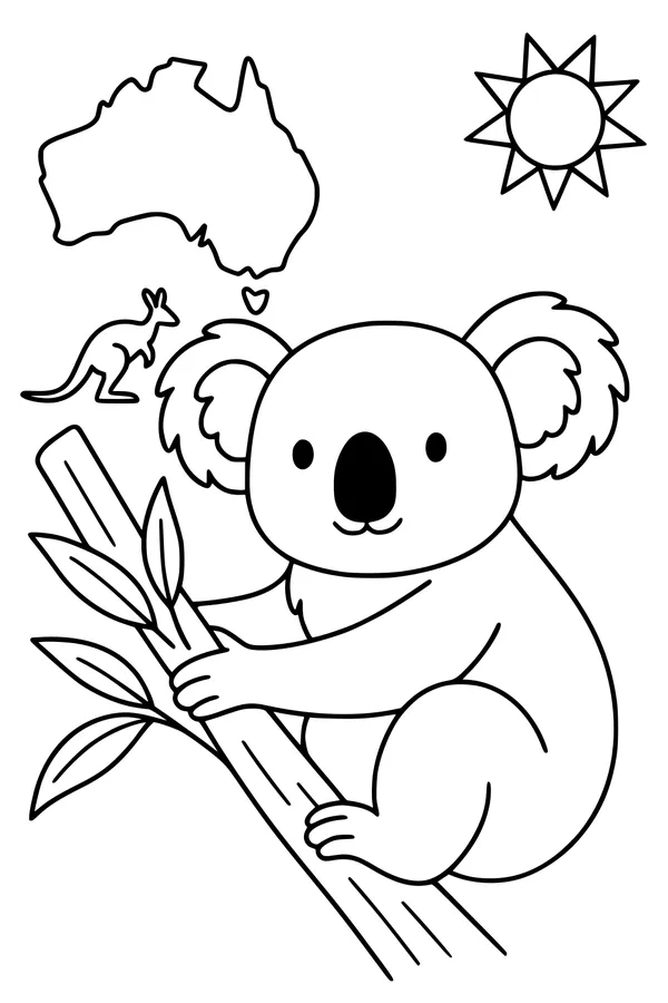 Free Koala Coloring Page - Sunny Tree Branch In Australia (Printable PDF)