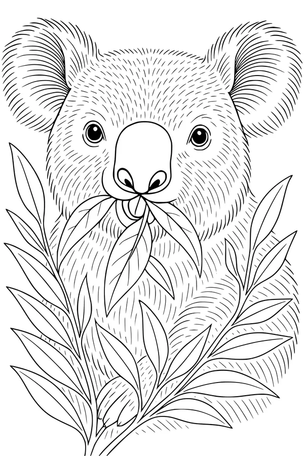 Free Koala Coloring Page - Munching on Eucalyptus Leaves (Printable PDF)