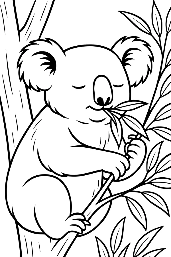 Free Koala Coloring Page - Eating Eucalyptus in a Gum Tree (Printable PDF)