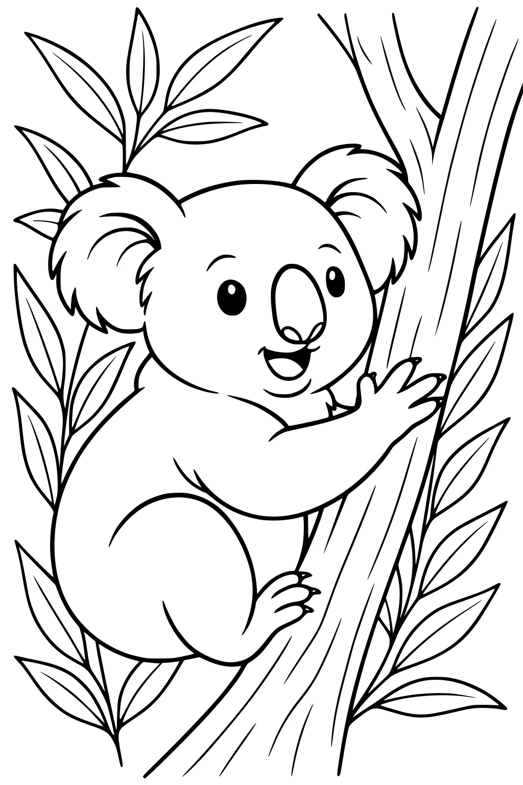 A happy koala with fluffy ears hugs a tree trunk, surrounded by leafy branches and big round eyes looking forward.