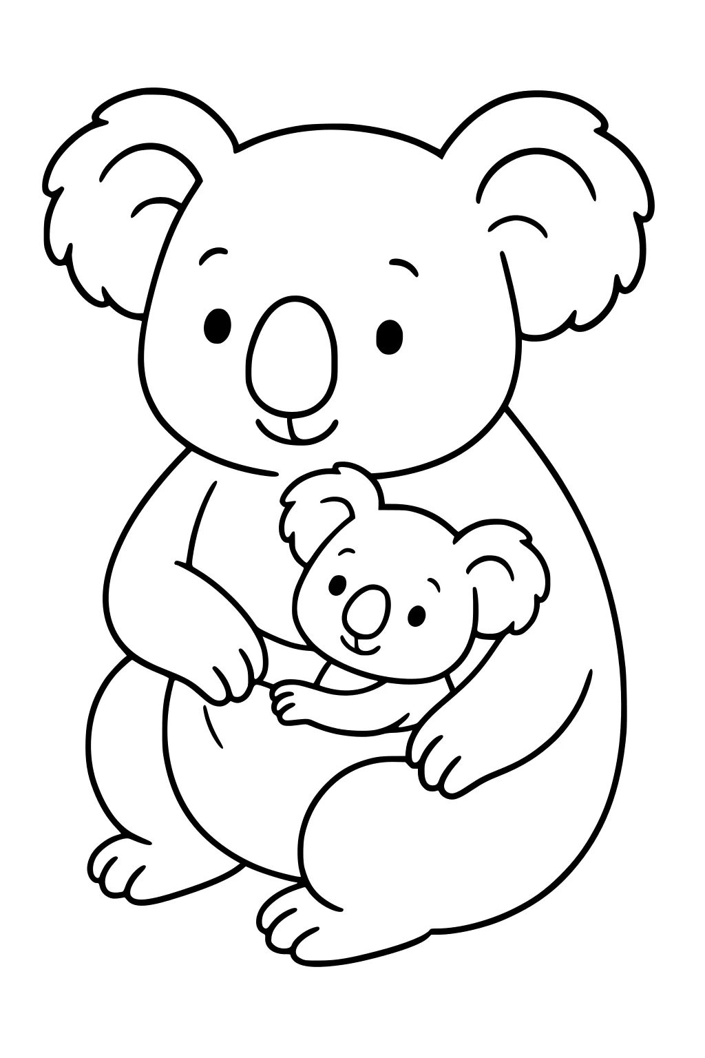 Mother koala holds her joey in her lap. Both have round noses, smiling faces, and fluffy ears with simple cartoon outlines.
