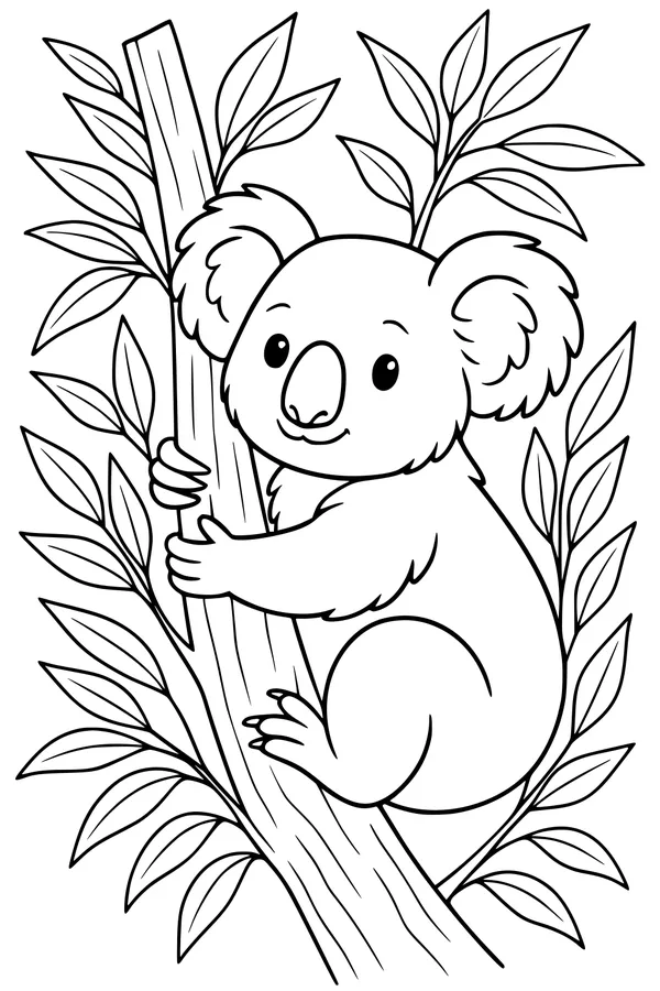 Free Koala Coloring Page - Cute Koala Hugging Eucalyptus Tree (Printable PDF)