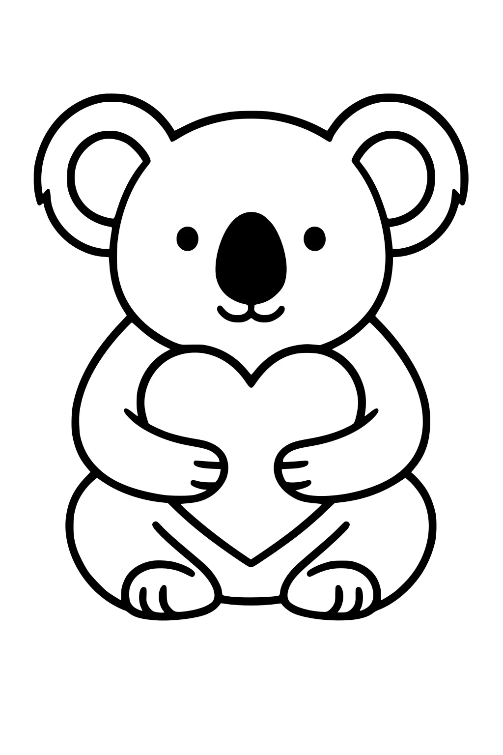 Cartoon koala sitting and hugging a big heart shape with both arms. Simple lines and soft round shapes.