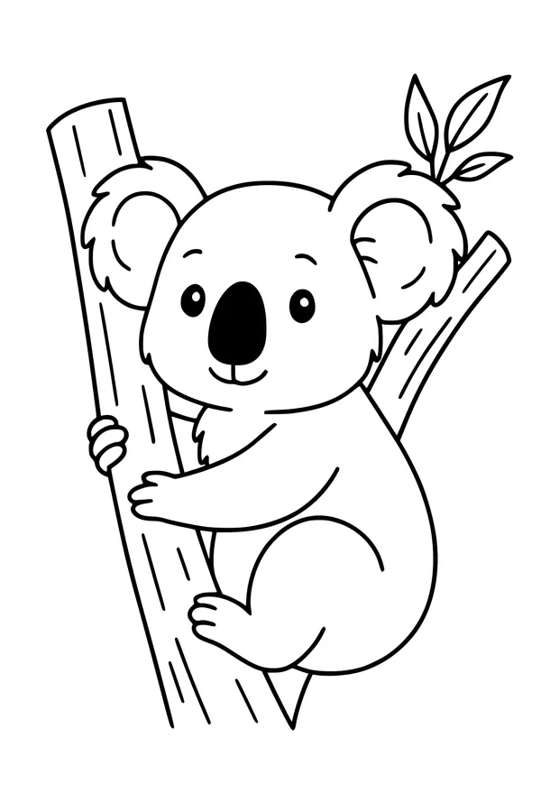 Free Koala Coloring Page - Smiling Koala Hugging Eucalyptus Tree (Printable PDF)