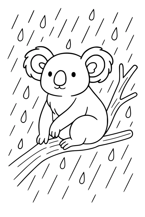 Free Koala Coloring Page - Rainy Day on a Tree Branch (Printable PDF)
