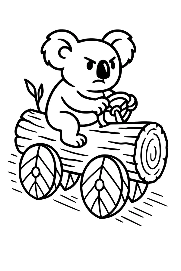 Free Koala Coloring Page - Cute Koala Racing a Log Car (Printable PDF)