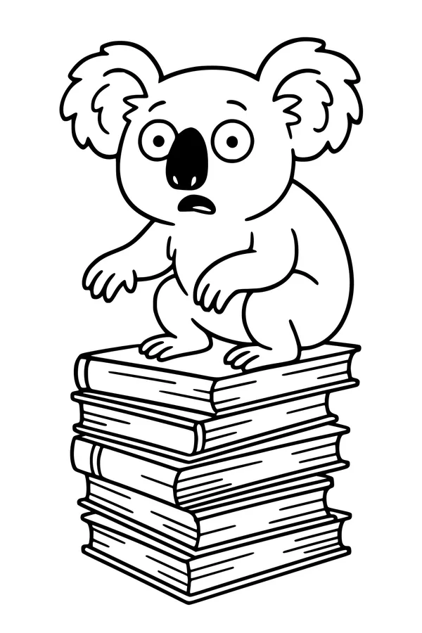 Free Koala Coloring Page - Surprised Koala on Book Stack (Printable PDF)