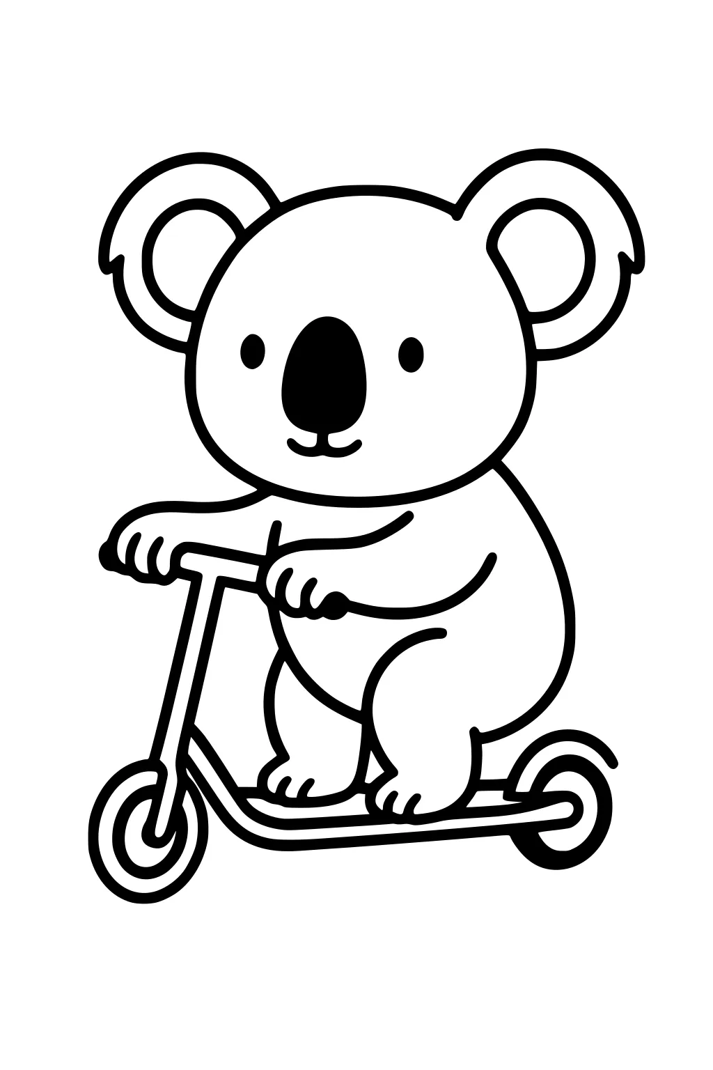 Cartoon koala with big ears riding a scooter, holding handlebars with both paws and feet on the scooter deck.