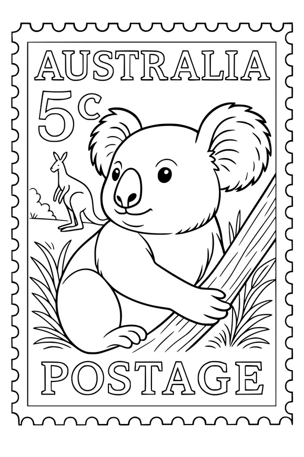 Free Koala Coloring Page - Australian Stamp Scene With Kangaroo (Printable PDF)
