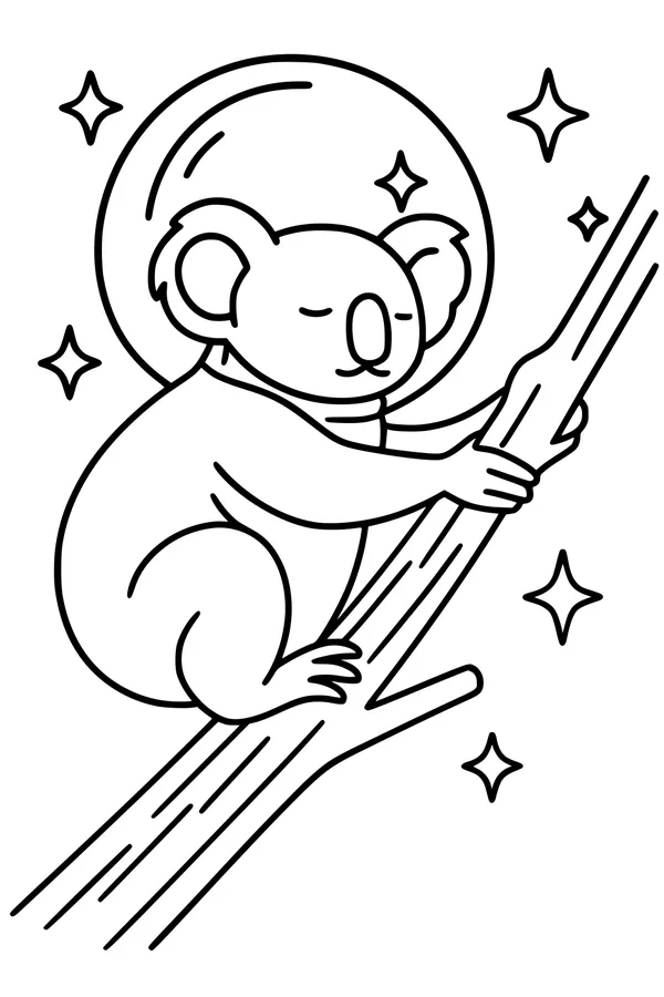 Free Koala Coloring Page - Sleepy Space Helmet Nap in a Starry Tree (Printable PDF)