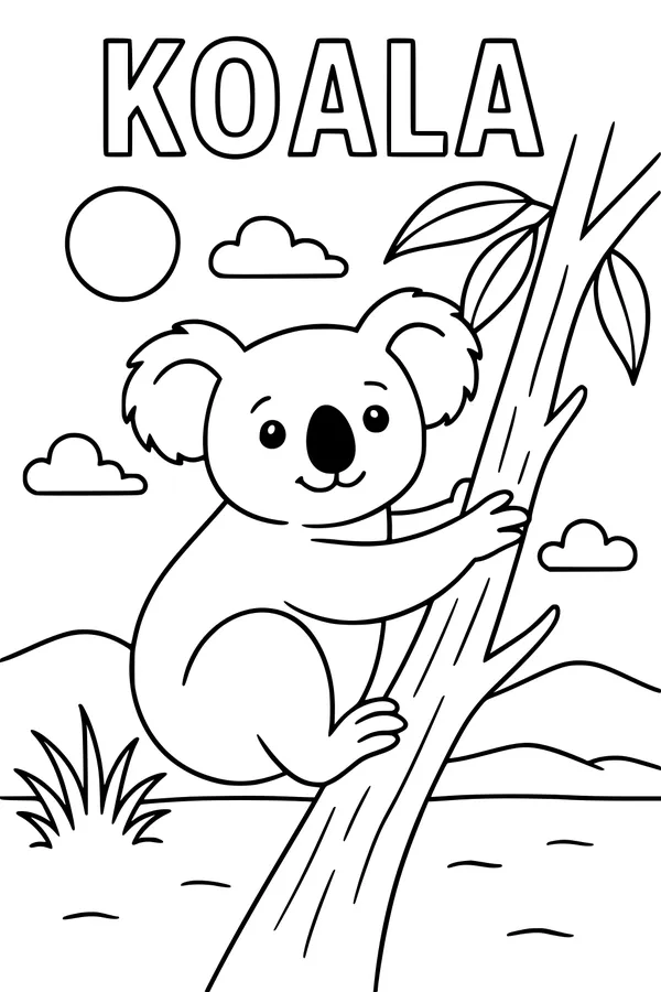 Free Koala Coloring Page - Cute Koala Hugging a Tree (Printable PDF)