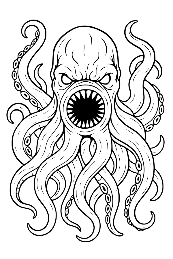Free Kraken Coloring Page - Grumpy Sea Monster With Twisty Tentacles (Printable PDF)