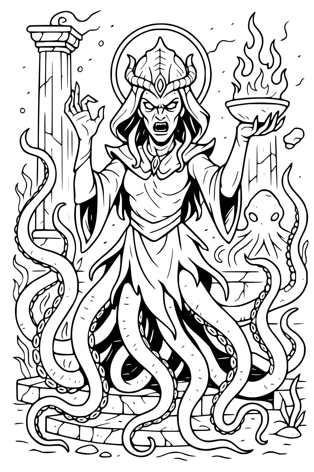 Kraken queen with horned crown holds a flaming bowl among broken columns, tentacle skirt flowing, bubbles, seaweed, and a small octopus.