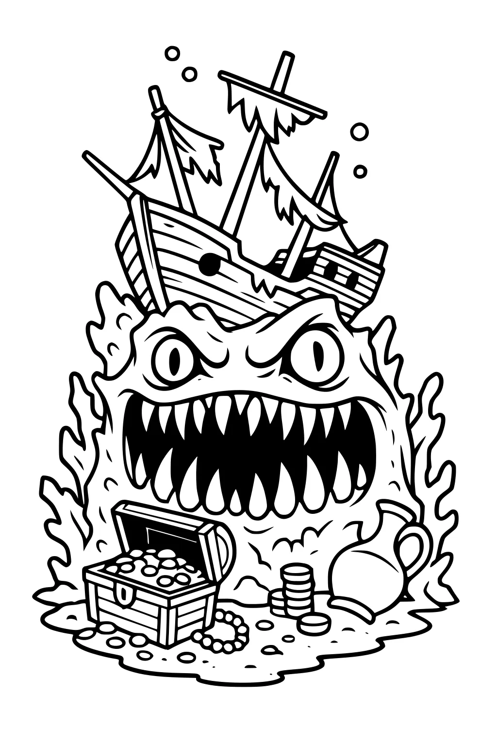 Cartoon sea monster with huge teeth, shipwreck on its back, treasure chest and coins on seabed, bubbles and seaweed around.