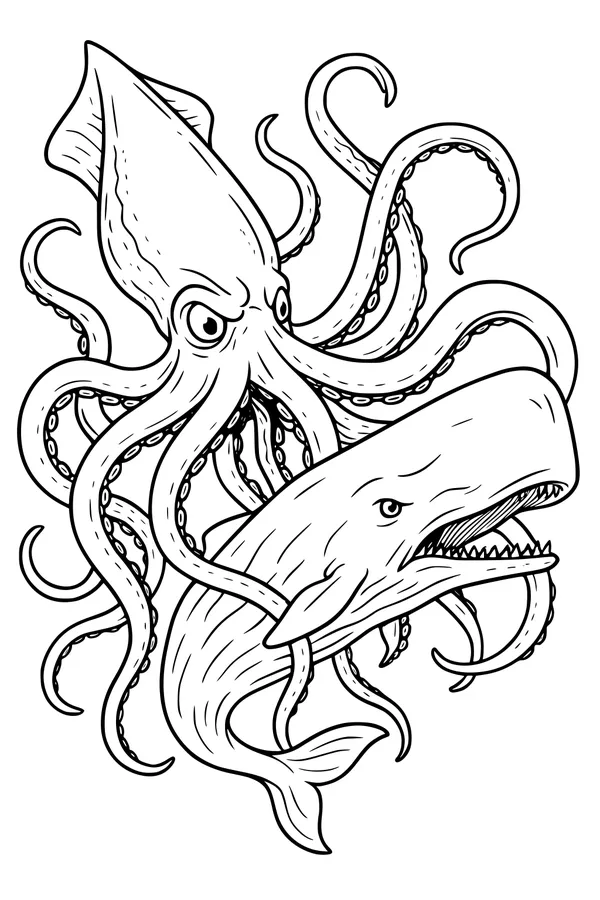 Free Kraken Coloring Page - Sea Monster Tangling With Sperm Whale (Printable PDF)