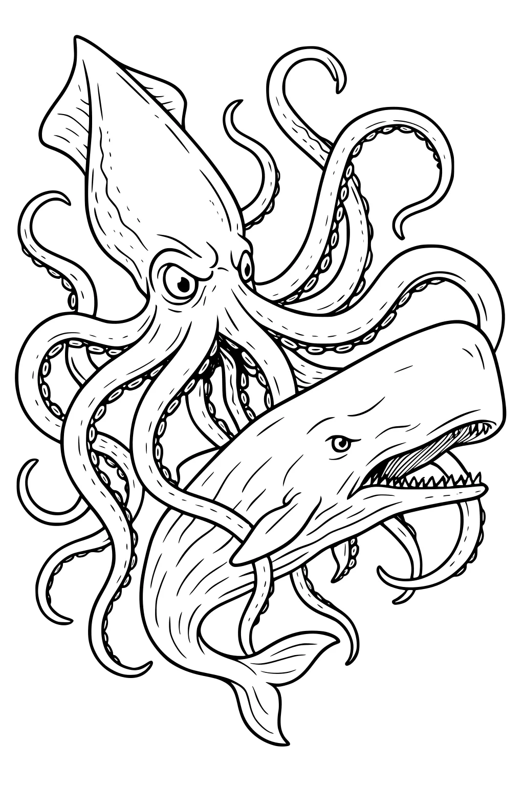 Giant kraken squid wraps curling tentacles around a sperm whale with open mouth, detailed suction cups and bold lines.