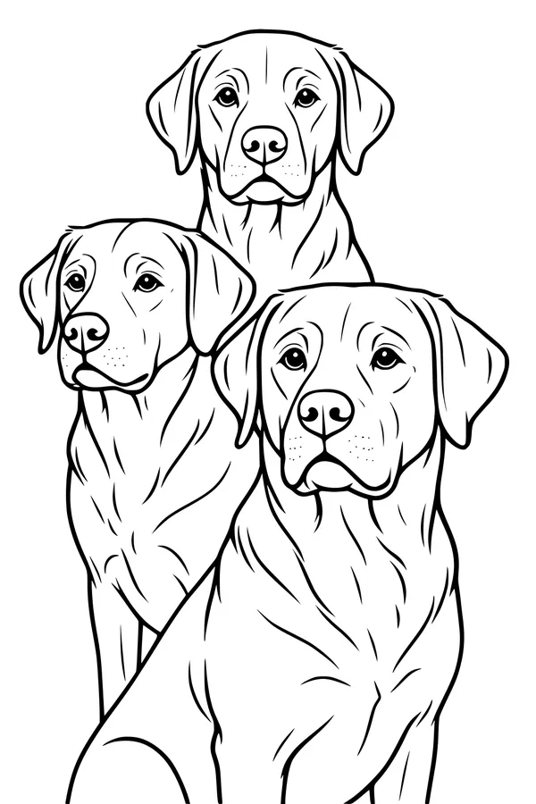 Free Dog Coloring Page - Three Calm Labrador Retrievers Sitting Together (Printable PDF)