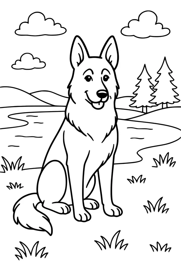 Free Dog Coloring Page - Happy Pup by the Lakeside Pines (Printable PDF)
