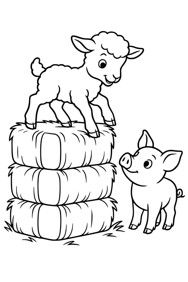 Free Lamb Coloring Page - Little Lamb on Hay Bales with Piglet (Printable PDF)