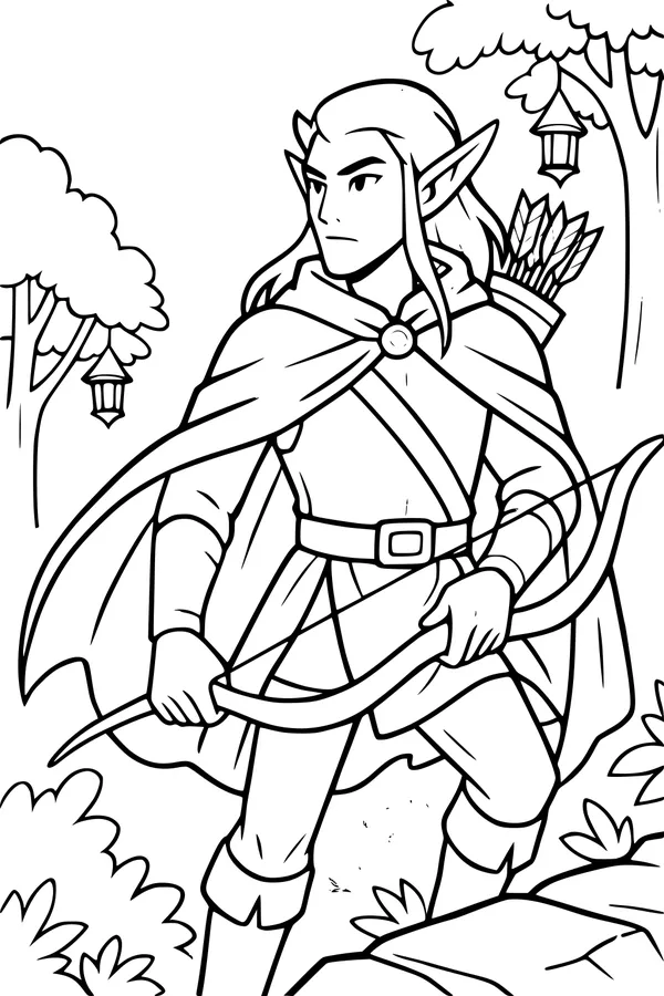 Free Elf Archer Coloring Page - Moonlit Lantern Forest Ranger (Printable PDF)
