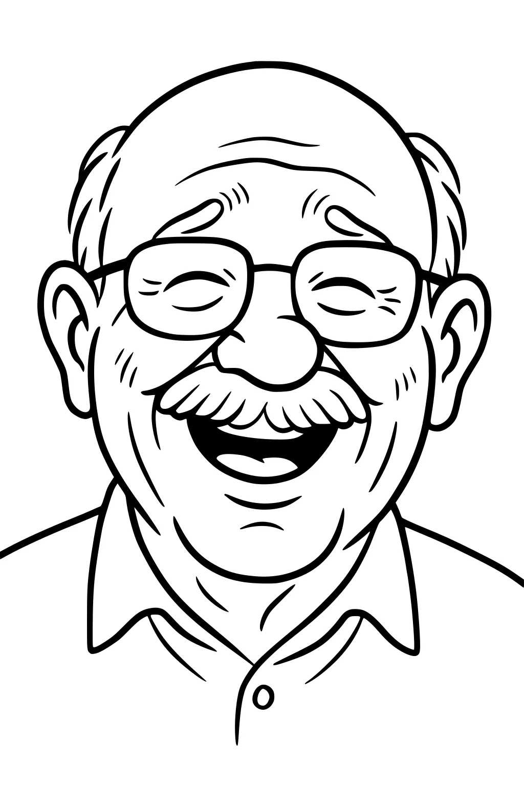 Line art of a laughing grandfather with glasses and mustache, eyes closed, bald head, wearing a collared shirt.