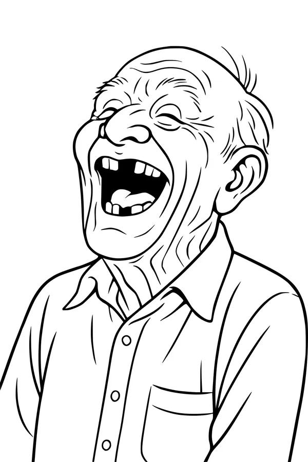 Free Grandpa Coloring Page - Laughing Elderly Man Portrait (Printable PDF)