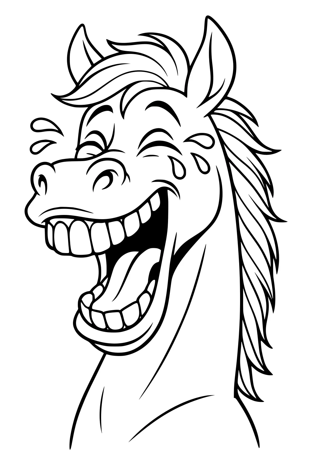 Cartoon horse with wide open mouth, big teeth, closed eyes, and thick mane, laughing with drops flying from his face.