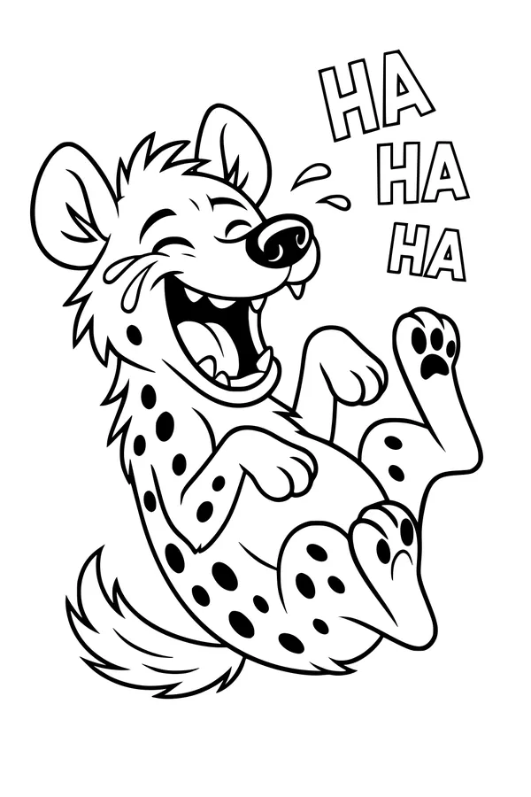 Free Hyena Coloring Page - Laughing Cartoon Hyena on Her Back (Printable PDF)