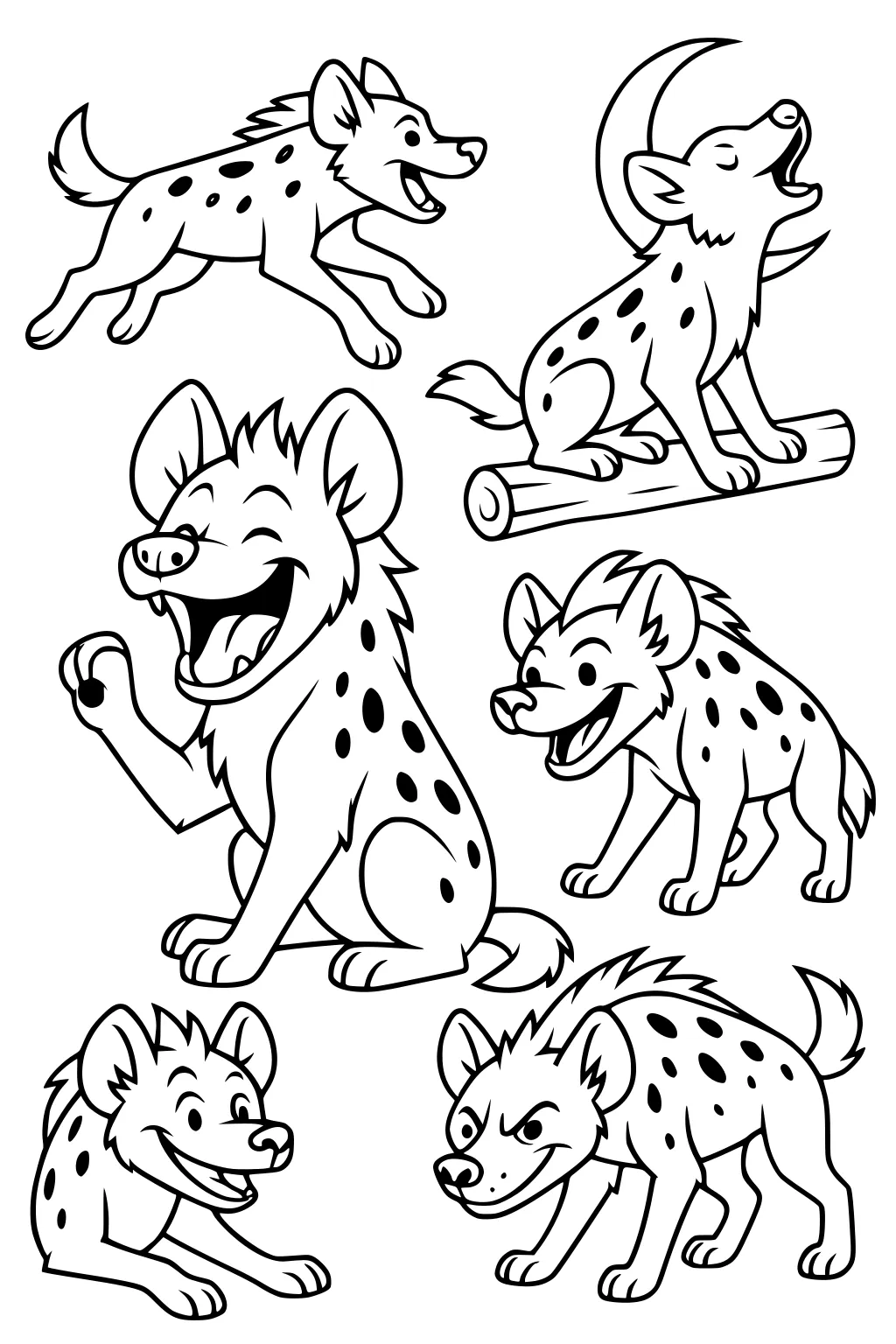 Six cartoon hyenas with spots in playful poses, including laughing, running, crouching, and one howling at the moon.