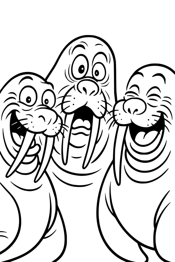 Free Walrus Coloring Page - Three Cheery Cartoon Friends (Printable PDF)