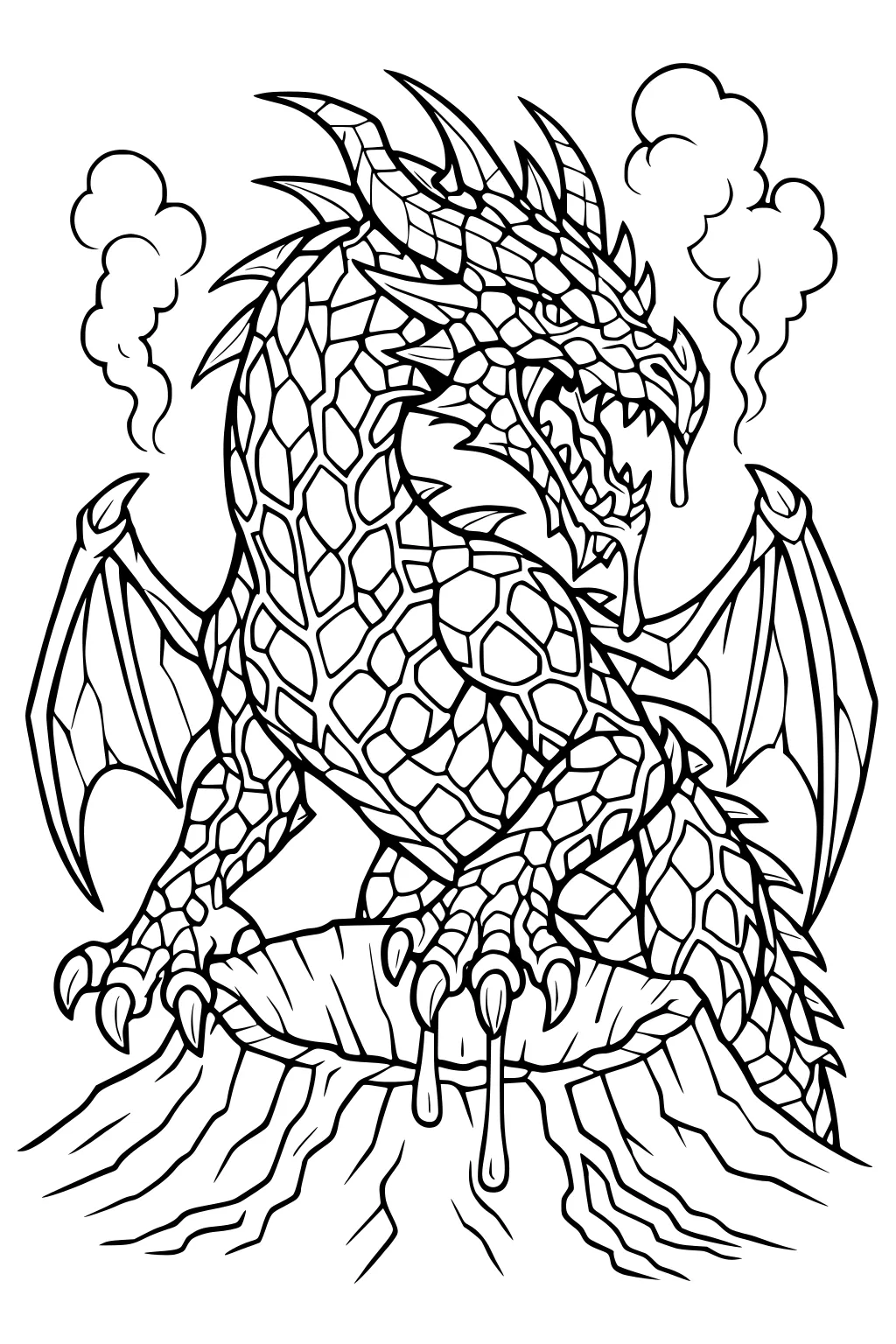 Winged dragon perched on a volcano crater, roaring as smoke puffs rise and lava drips from sharp claws.