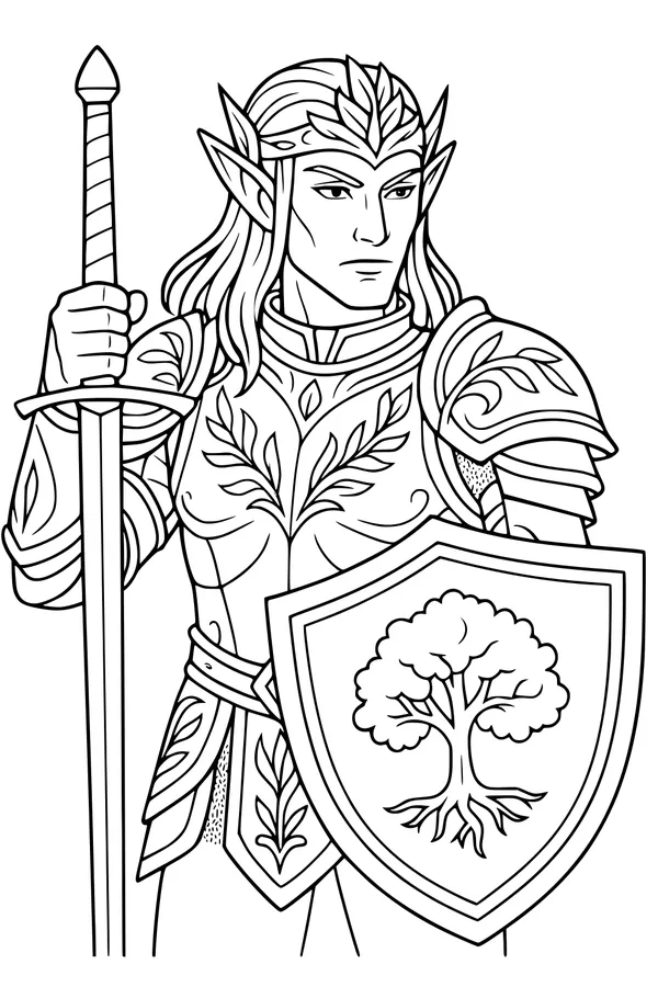 Free Elf Knight Coloring Page - Leaf-Armored Forest Guardian (Printable PDF)