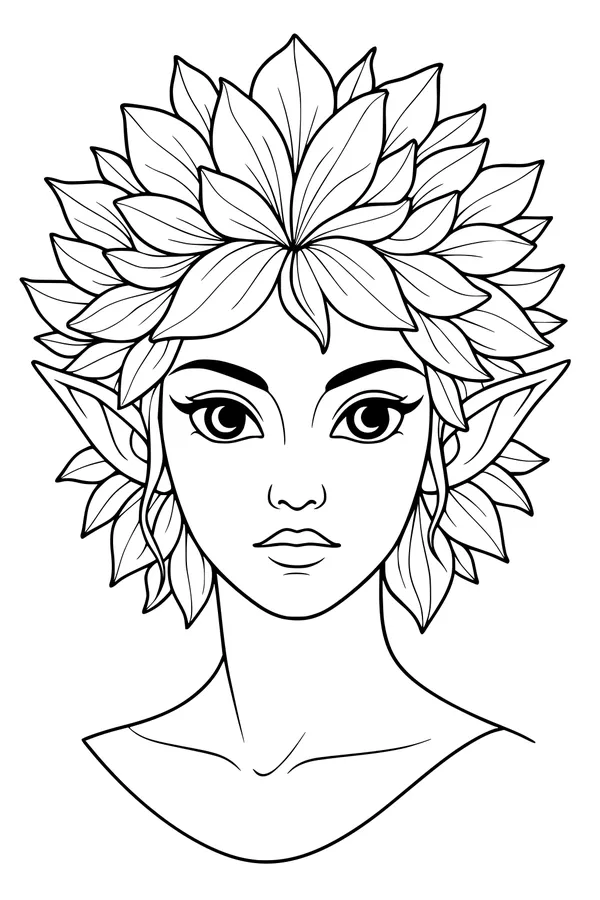 Free Fairy Coloring Page - Forest Bloom Portrait With Leaf Crown (Printable PDF)