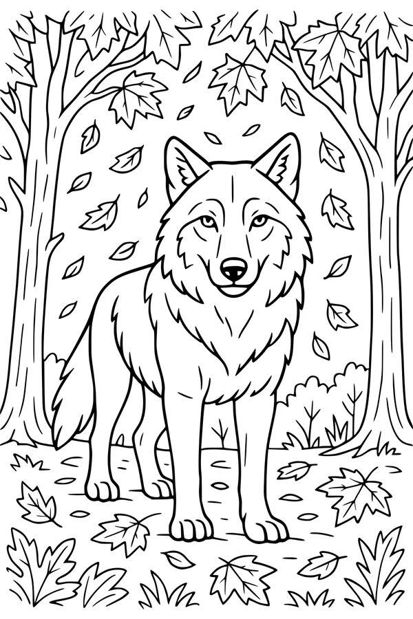 Free Wolf Coloring Page - Calm Wolf on Autumn Forest Path (Printable PDF)