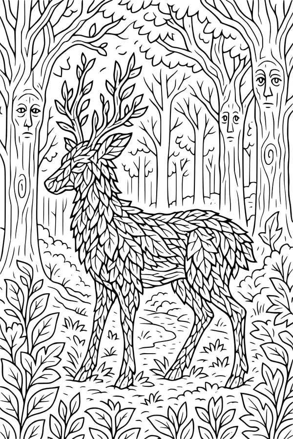 Free Deer Coloring Page - Leafy Deer in Magical Forest (Printable PDF)