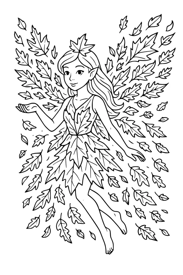 Free Fairy Coloring Page - Leaf Dress Forest Dance (Printable PDF)