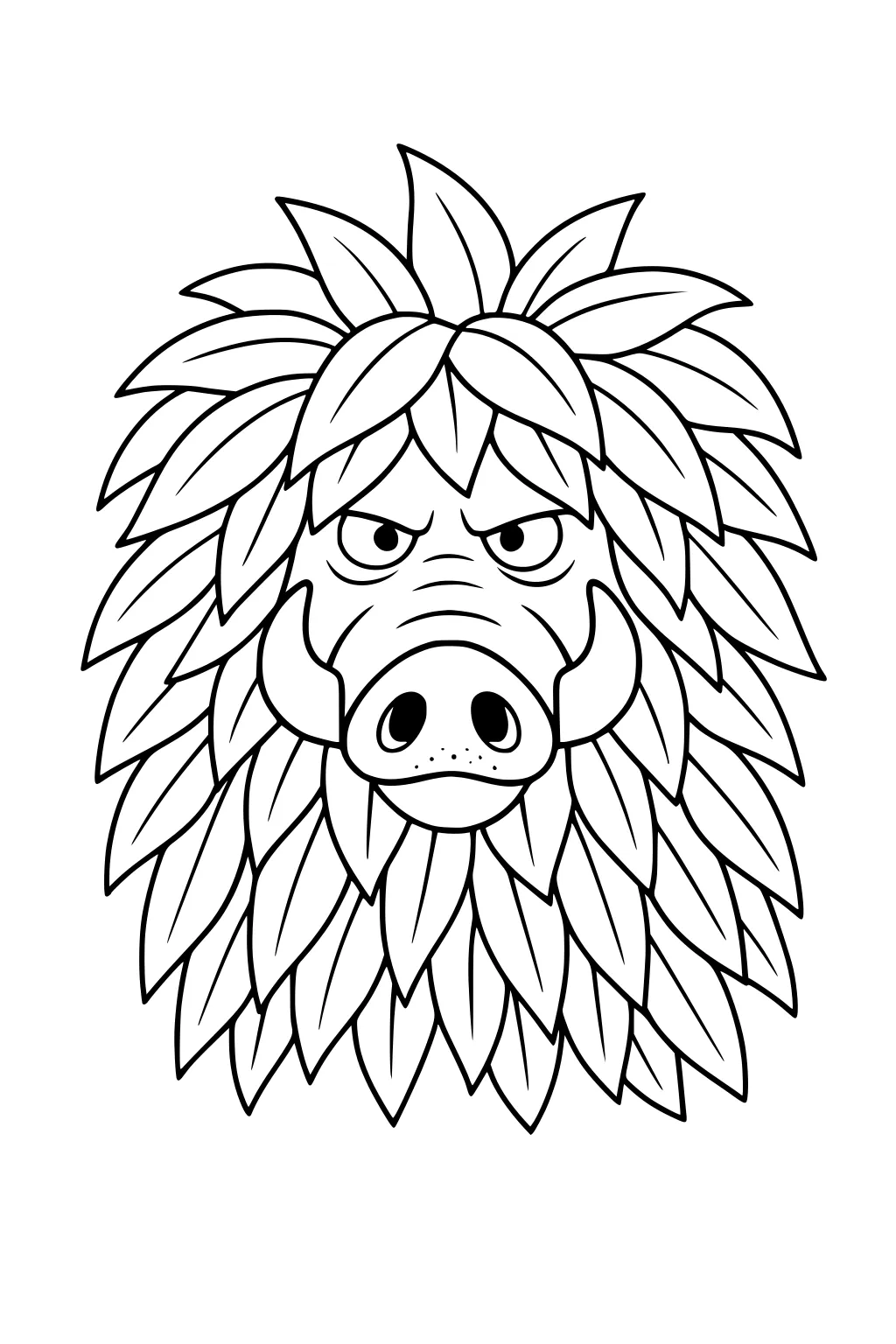 Warthog with a mane of overlapping leaves, wide nostrils, small tusks, and wrinkled face.
