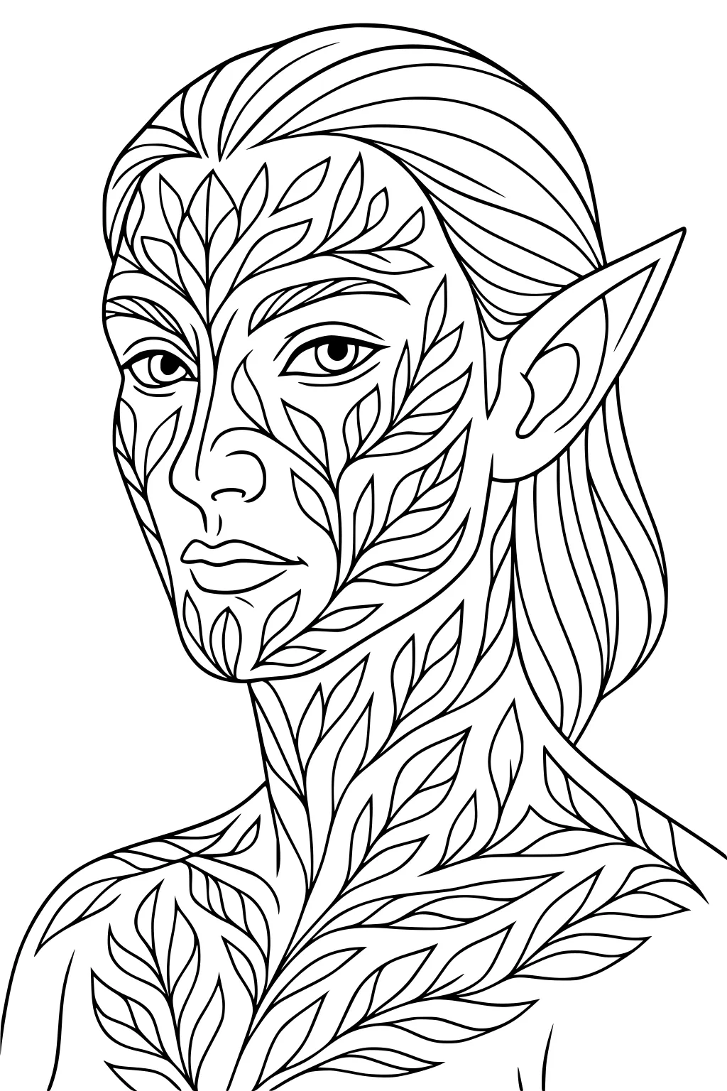 Forest elf boy with long hair and one pointed ear, face and neck covered in leaf patterns, detailed black line art portrait.