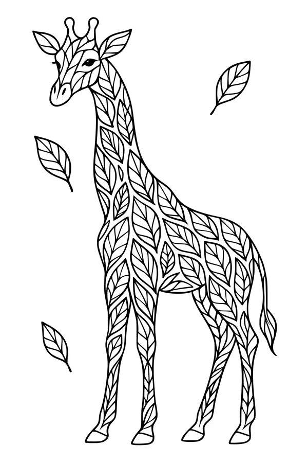 Free Giraffe Coloring Page - Leafy Patterned Giraffe in Nature (Printable PDF)