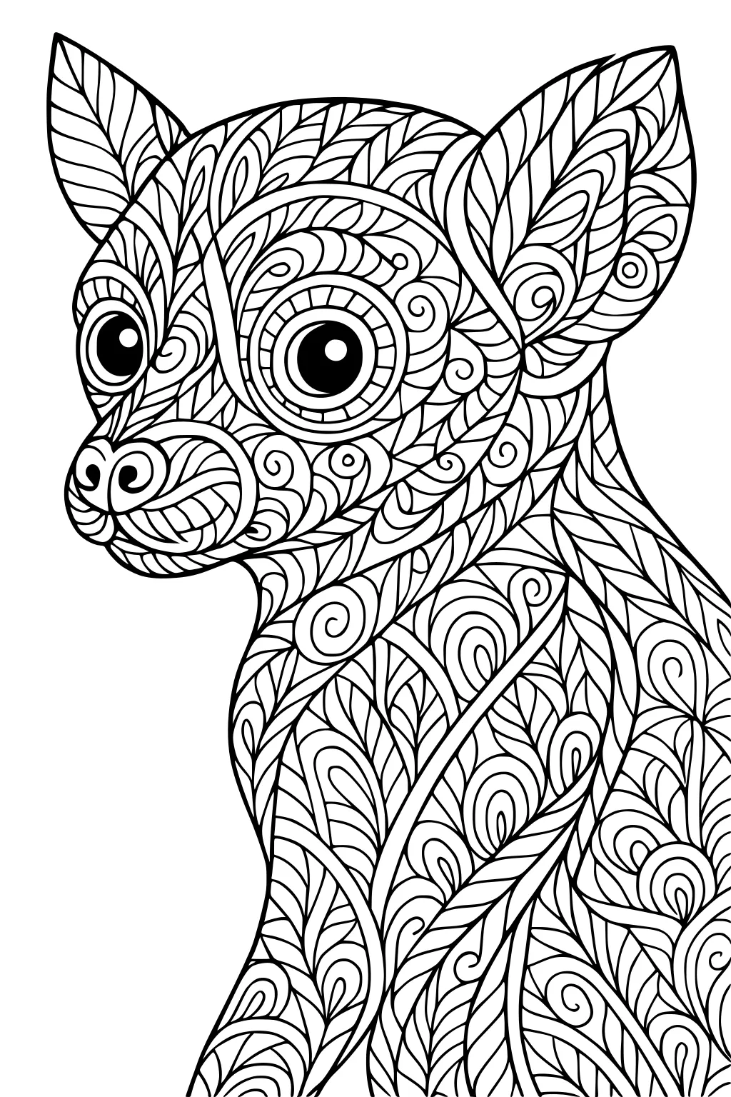Lemur with big eyes, upright ears, and body filled with swirling leafy patterns, facing left.