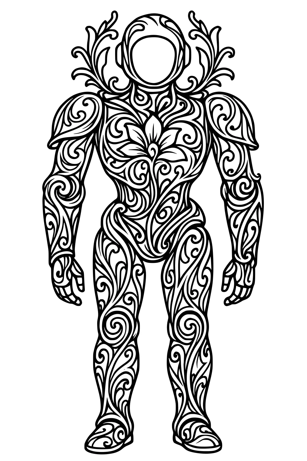 Robot with blank helmet head and floral swirl patterns, leaf shapes on chest and shoulders, standing with arms at sides.