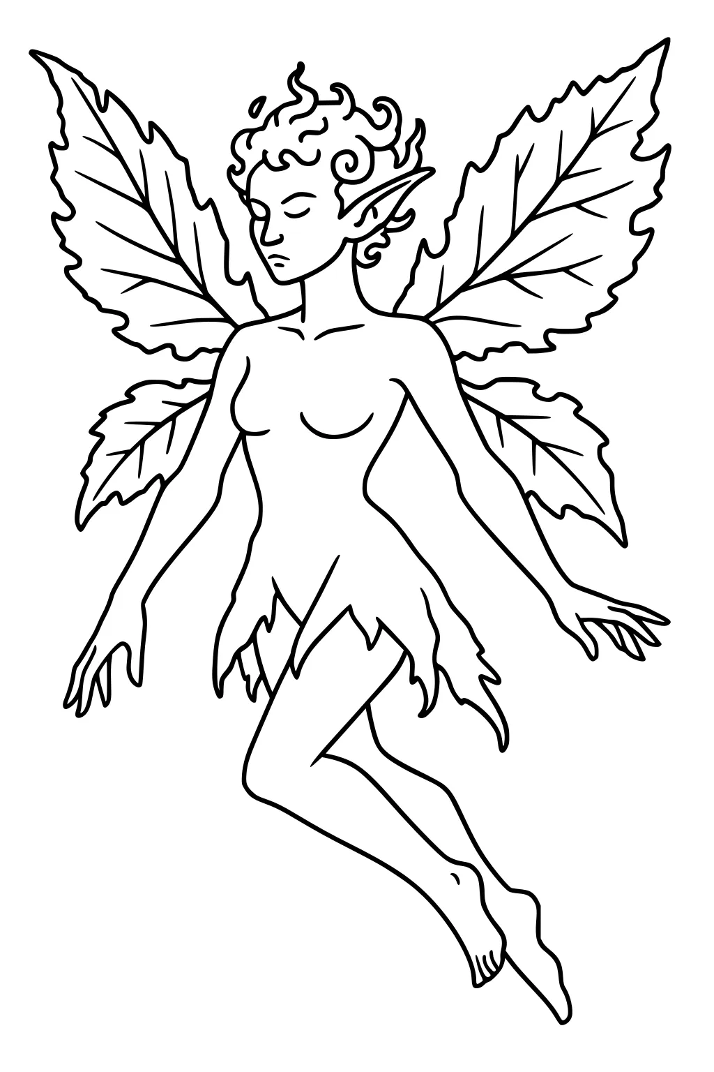Girl fairy with four leaf wings, curly hair, pointed ears, leaf dress, closed eyes, floating with pointed toes in line art.