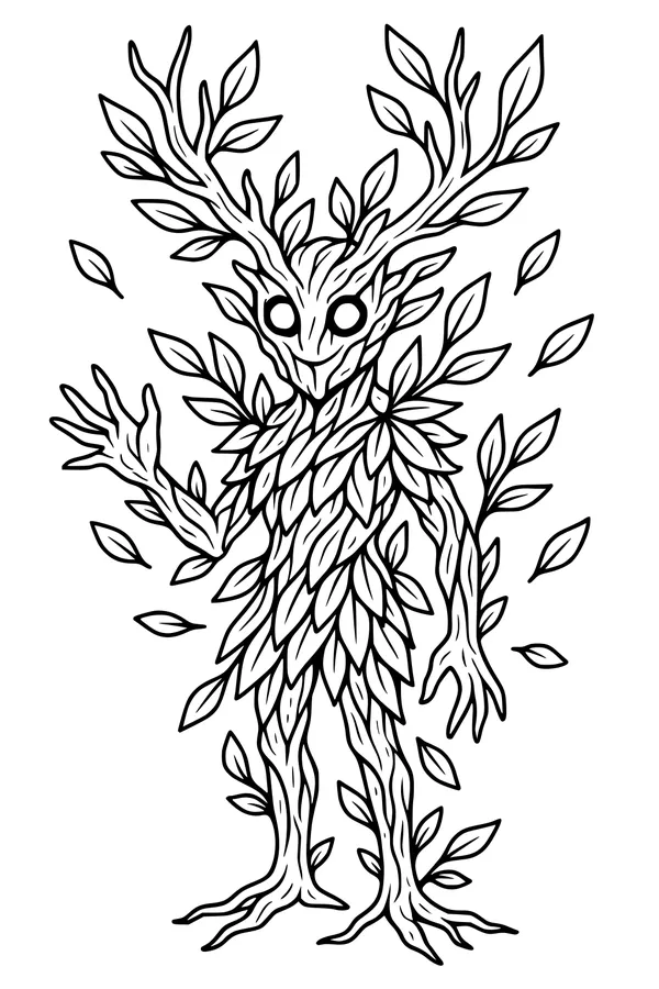 Free Forest Tree Creature Coloring Page - Leafy Guardian With Branch Antlers (Printable PDF)