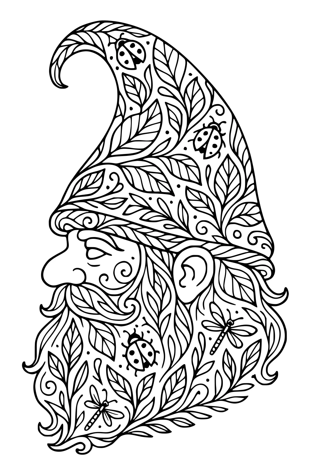 Side profile gnome with tall curved leafy hat, swirled beard, ladybugs and dragonflies, drawn in black line art.