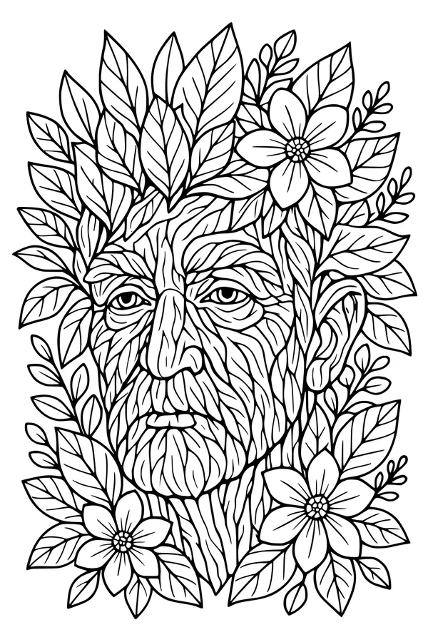 Free Grandpa Coloring Page - Elderly Portrait in Leafy Garden Frame (Printable PDF)