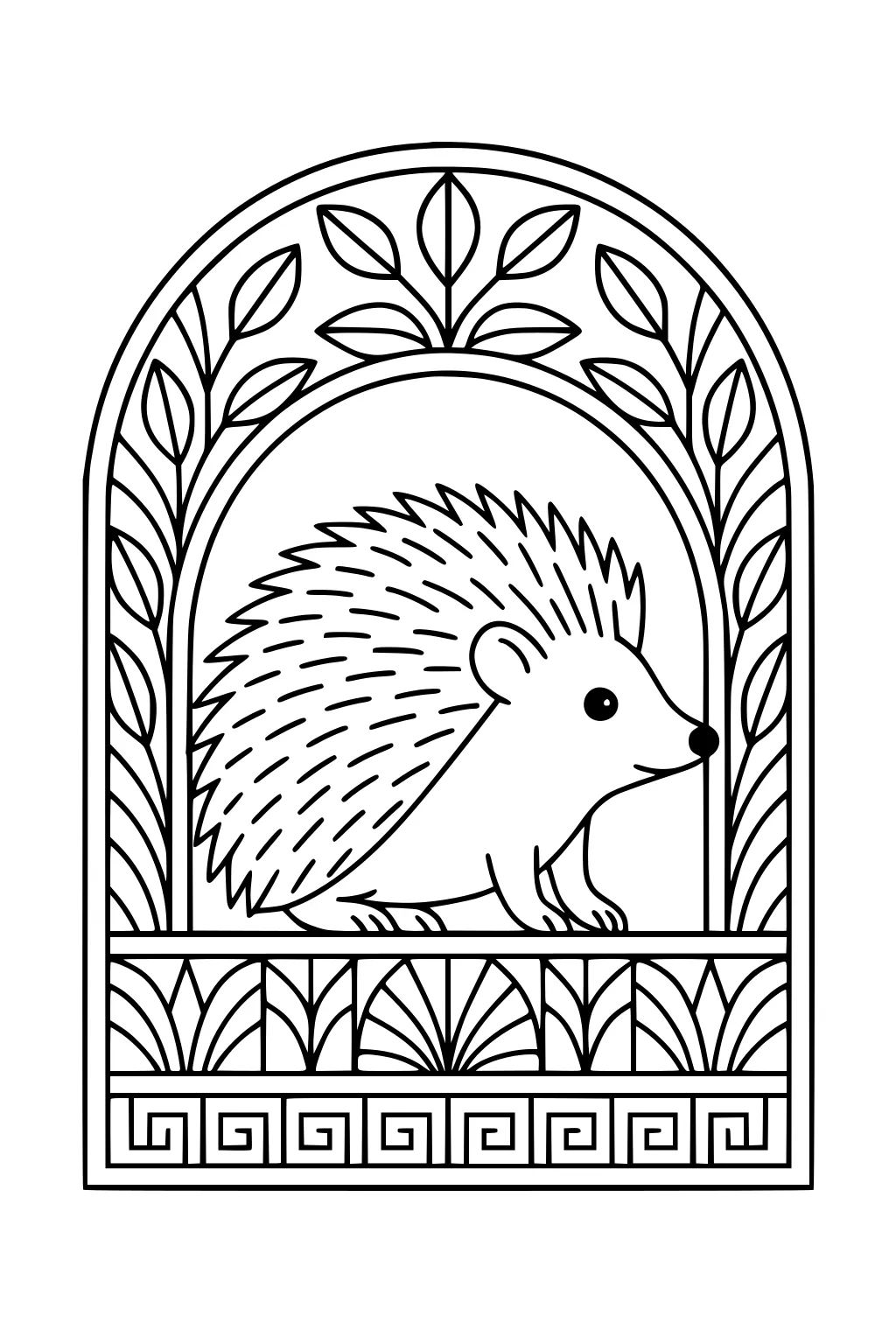 Cartoon hedgehog in an arch frame with leaves and simple geometric patterns around the border.
